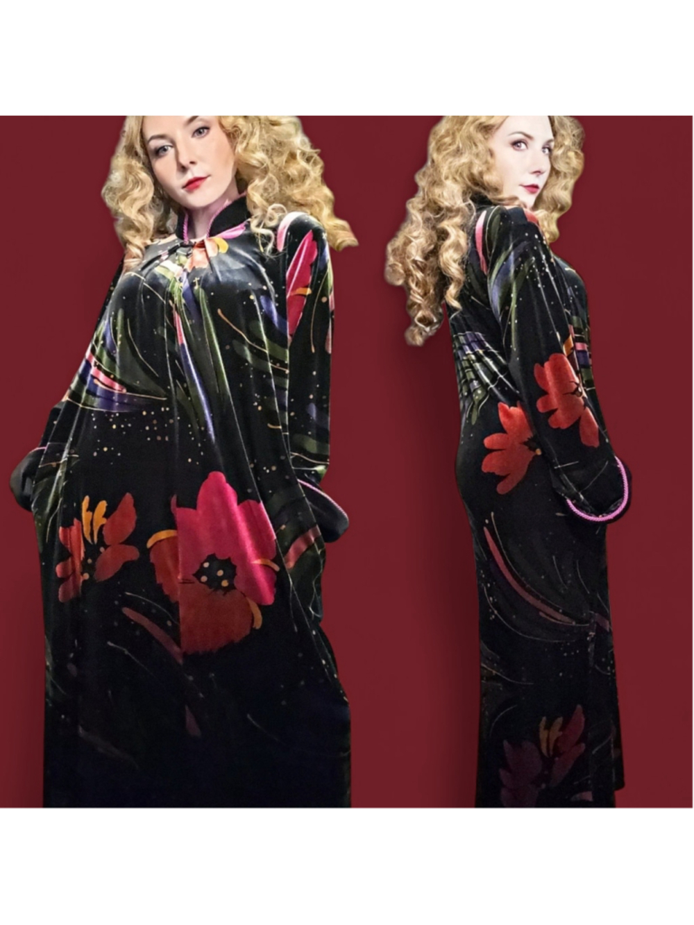 Vintage 90s Dark Floral Velvet Robe Caftan House Dress Diamond Tea Loungewear